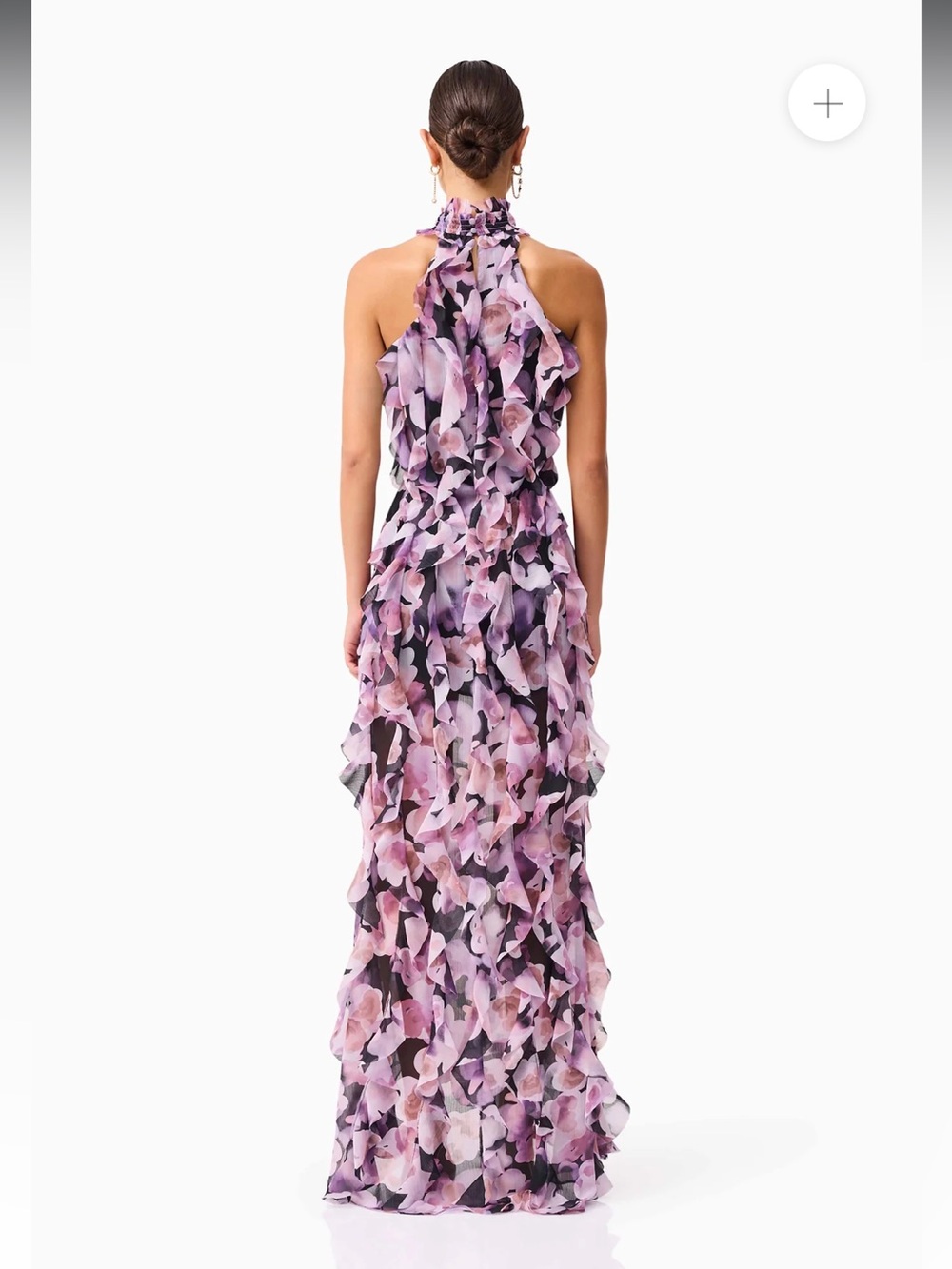 elliatt solene purple & black floral print halter tiered maxi gown dress medium - Picture 6 of 13